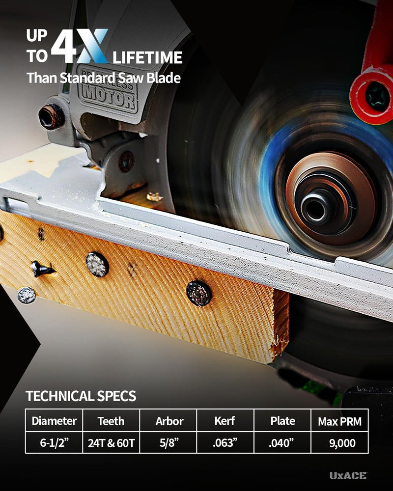 UXACE 6-1/2-Inch 24&60-Tooth Circular Saw Blade with 5/8-Inch Arbor, Framing & Ultra Finish Wood Cutting, Carbide Tip, Thin Kerf, for Plywood, MDF, OSB, Laminated, 2 Pack - Image 3